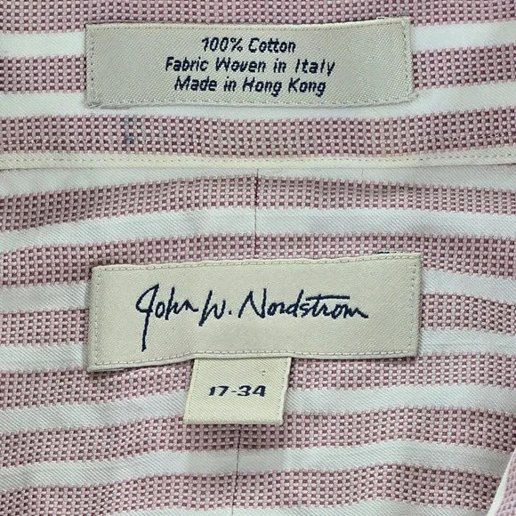 John W Nordstrom Mens 17-34 Pink White Stripe Button Down Shirt Cotton Italy EUC - Picture 5 of 8